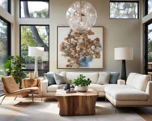 A cozy living room with inviting furniture, a striking art piece suspended from the ceiling, and warm natural light streaming in through the window creates a comforting and stylish home environment