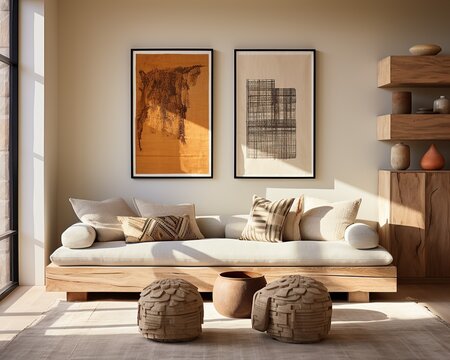 This cozy den is a sanctuary of creative inspiration, featuring a plush loveseat and artwork adorning the walls, complemented by a vibrant vase and decorative pillows on the floor