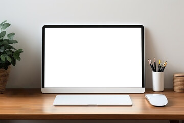 Large monitor with a blank white screen with a graphics tablet and a mouse on the table.