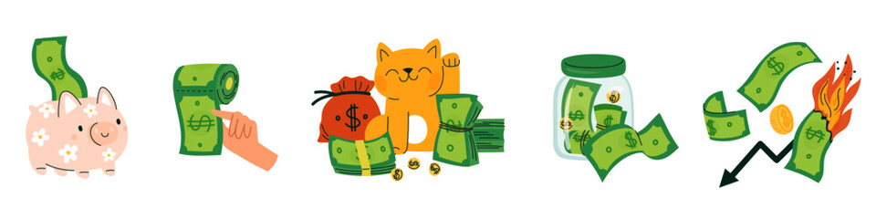 Cartoon money compositions. Dollars and cents. Banknote with golden coins. Currency stack. Piggy bank. Maneki neko. Burning cash. Financial savings or investment. Garish vector concept