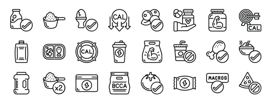 set of 24 outline web sports diet icons such as milk, measuring cup, boiled egg, calorie, blueberry, vitamin c, protein vector icons for report, presentation, diagram, web design, mobile app
