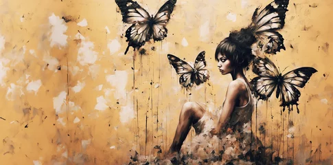 Papier Peint photo Lavable Papillons en grunge illustrazione a tema naturale astratto, farfalle su sfondo giallo, ritratto di figura femminile, olio su tavola  