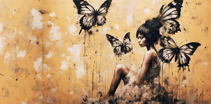illustrazione a tema naturale astratto, farfalle su sfondo giallo, ritratto di figura femminile, olio su tavola

