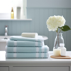 Fototapeta na wymiar Modern bathroom interior, pile of clean towels and toiletries, white walls, sunny day