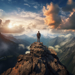 Adventurous man standing on top of mountain cliff