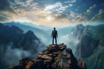Adventurous man standing on top of mountain cliff - 629490477