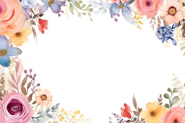 Beautiful various flowers frame on white background. Watercolor illustration background, Generative AI