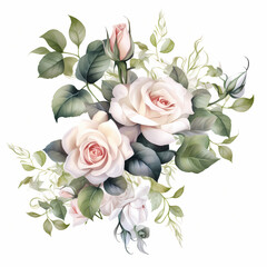  illustration watercolours on white background of white roses flowers vine in off with leaves around artistic dynamic arrangement, clip art 