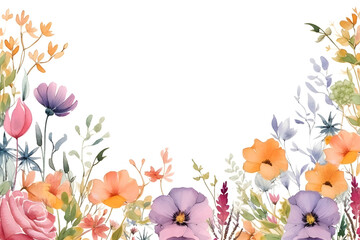 Obraz na płótnie Canvas Beautiful various flowers frame on white background. Watercolor illustration background, Generative AI