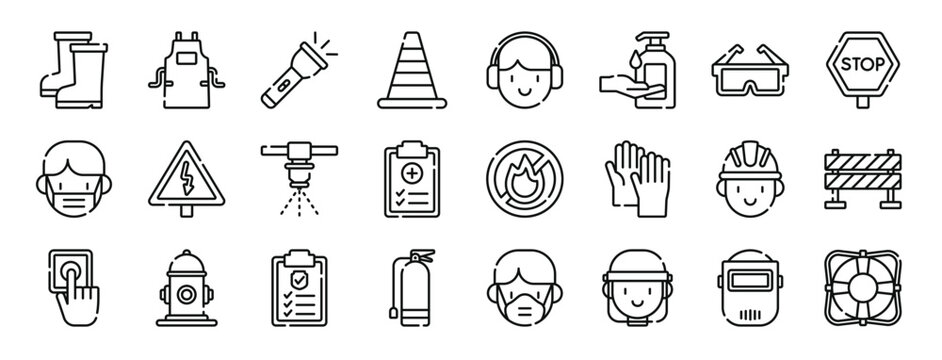 set of 24 outline web job safety icons such as boot, apron, flashlight, traffic cone, ear protector, sterilization, glass vector icons for report, presentation, diagram, web design, mobile app
