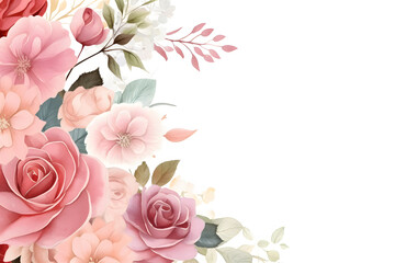 Beautiful rose flowers frame on white background. Watercolor illustration background, Generative AI