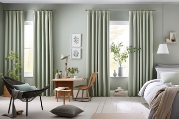 Modern bedroom, miminal interior design, window with simple curtains - 629491204
