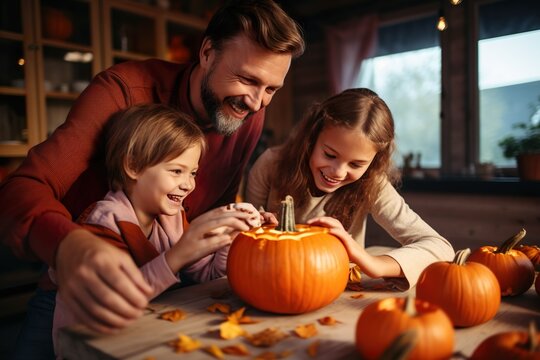 Happy Family mother father and children celebrating Halloween party at home made with generative ai technology