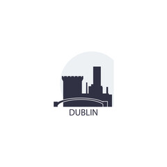 Ireland Dublin cityscape skyline capital city panorama vector flat modern logo icon. Leinster province region emblem idea with landmarks and building silhouettes at sunset sunrise