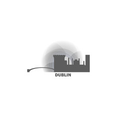 Ireland Dublin cityscape skyline capital city panorama vector flat modern logo icon. Leinster province region emblem idea with landmarks and building silhouettes at sunset sunrise 
