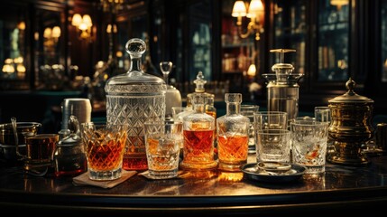 Bar cocktails Old fashioned negroni with orange on counter.Cocktail close up in a bar setting. Blurred people in the background. Selective focus on the icy drink and glass.