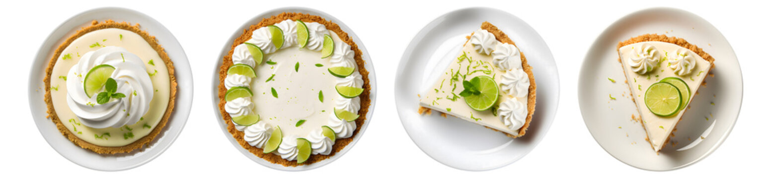 Key lime pie on white plate, top view with transparent background, Generative AI Technology