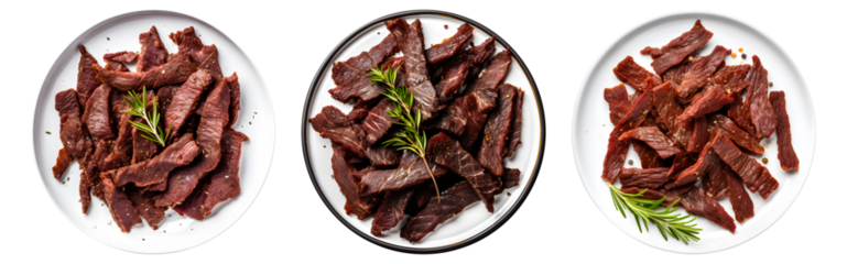spice beef jerky on white plate, top view with transparent background, Generative AI Technology