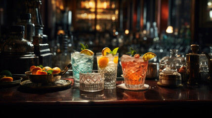 Bar cocktails Old fashioned negroni with orange on counter.Cocktail close up in a bar setting. Blurred people in the background. Selective focus on the icy drink and glass.
