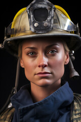 Portrait of a woman firefighter with helmet and uniform on black background, Generative AI
