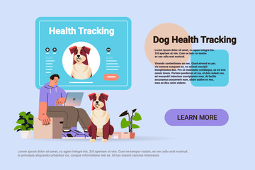guy owner using pet app on laptop cute dogs best friends domestic animals health tracking application concept