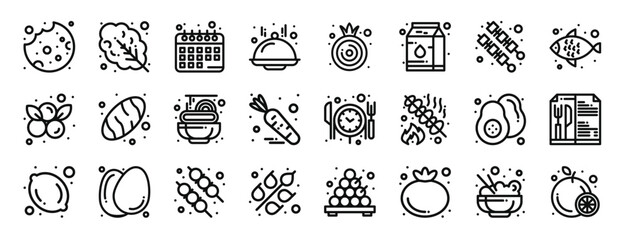 Fototapeta na wymiar set of 24 outline web food icons such as cookie, salad, calendar, dome, onion, milk, vector icons for report, presentation, diagram, web design, mobile app