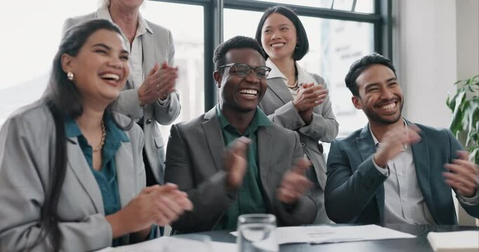Business people, applause and workshop, audience with support and diversity, happiness and success. Corporate group, presentation in meeting with men and women clapping hands with congratulations