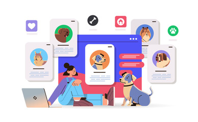 girl owner using pet app on laptop cute dogs best friends domestic animals social media application concept horizontal