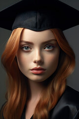 Portrait of a beautiful red-haired girl in a graduation cap, Generative AI