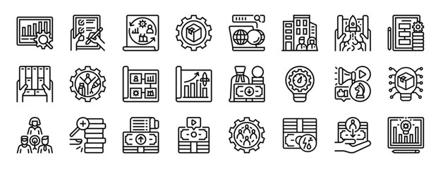 Fototapeta na wymiar set of 24 outline web business model canvas icons such as business analyst, activities, renovation, product development, online business, company, startup vector icons for report, presentation,