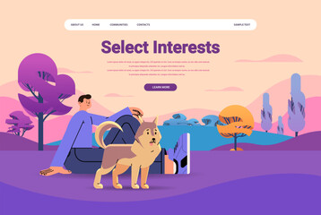 guy relaxing outdoor with cute dog best friends domestic animal select interests concept landscape background horizontal