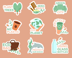 Collection of ecology, vegan stickers. Slogans no more plastic, save planet, use your bag. Reuse Recycle. Vector illustration EPS10