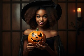 African girl dressed in Halloween costume with pumpkins  made with generative ai technology
