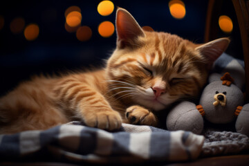 A cozy cat sleeps sweetly with a teddy bear