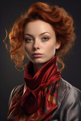 Portrait of a beautiful red-haired girl with a scarf around her neck, Generative AI