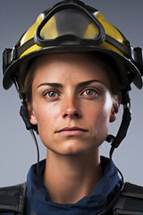 Portrait of a female firefighter wearing a safety helmet and uniform, Generative AI