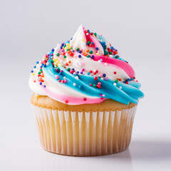 Delicious cake with colorful sprinkles on a white background