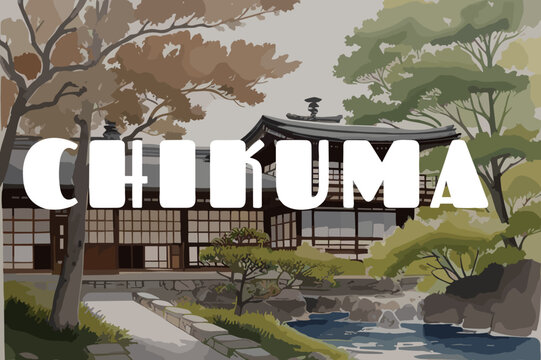 Chikuma: Painting of a Japanese villa with the name Chikuma in Nagano
