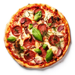 Photo of delicious pizza with basil, mushrooms and salami on a white background