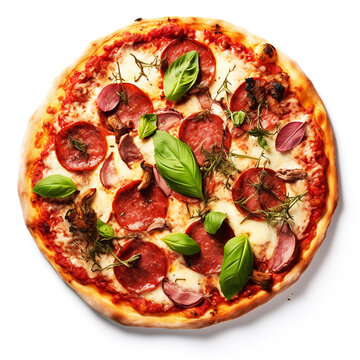 recommend clip art: Photo of delicious pizza with basil, mushrooms and salami on a white background