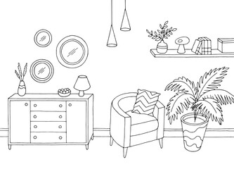 Living room graphic black white interior sketch illustration vector 