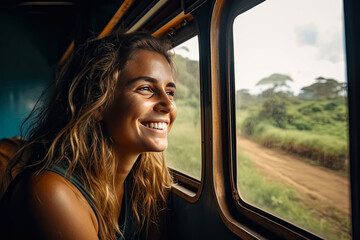 Happy smiling woman looking out the window white traveling by train on the most scenic railway in Sri Lanka. Travel, Holidays concept. Generated Ai