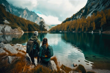 Back side of couple on the rock with hiking backpacks looking to beautiful landscape of epic view of mountains and lake. Generated Ai