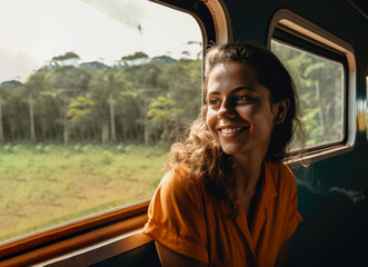 Happy smiling woman looking out the window white traveling by train on the most scenic railway in Sri Lanka. Travel, Holidays concept. Generated Ai