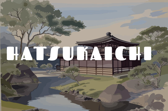 Hatsukaichi: Painting of a Japanese villa with the name Hatsukaichi in Hiroshima