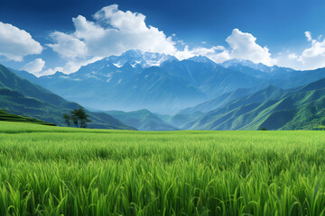 Green rice terraces with mountains and blue sky background, Generative AI