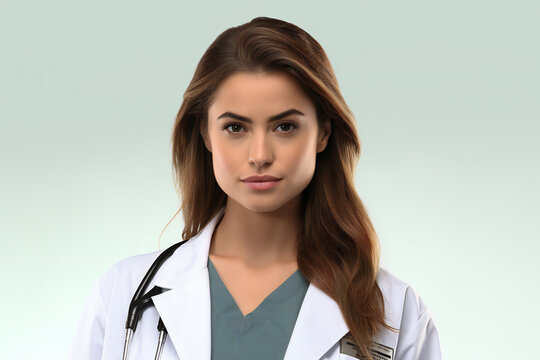 Portrait of young female doctor with stethoscope on grey background, Generative AI