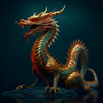Chinese dragon on a dark blue background. 3d render illustration. © Wazir Design
