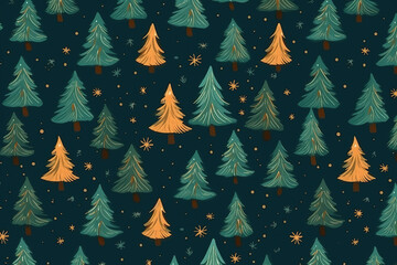 Obraz premium Christmas trees pattern in yellow green colors for design of greeting card, invitation,banner, web, wrapping paper. Generative Ai