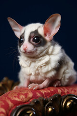A cute little sugar glider is sitting on a sofa and looking at the camera, Generative AI